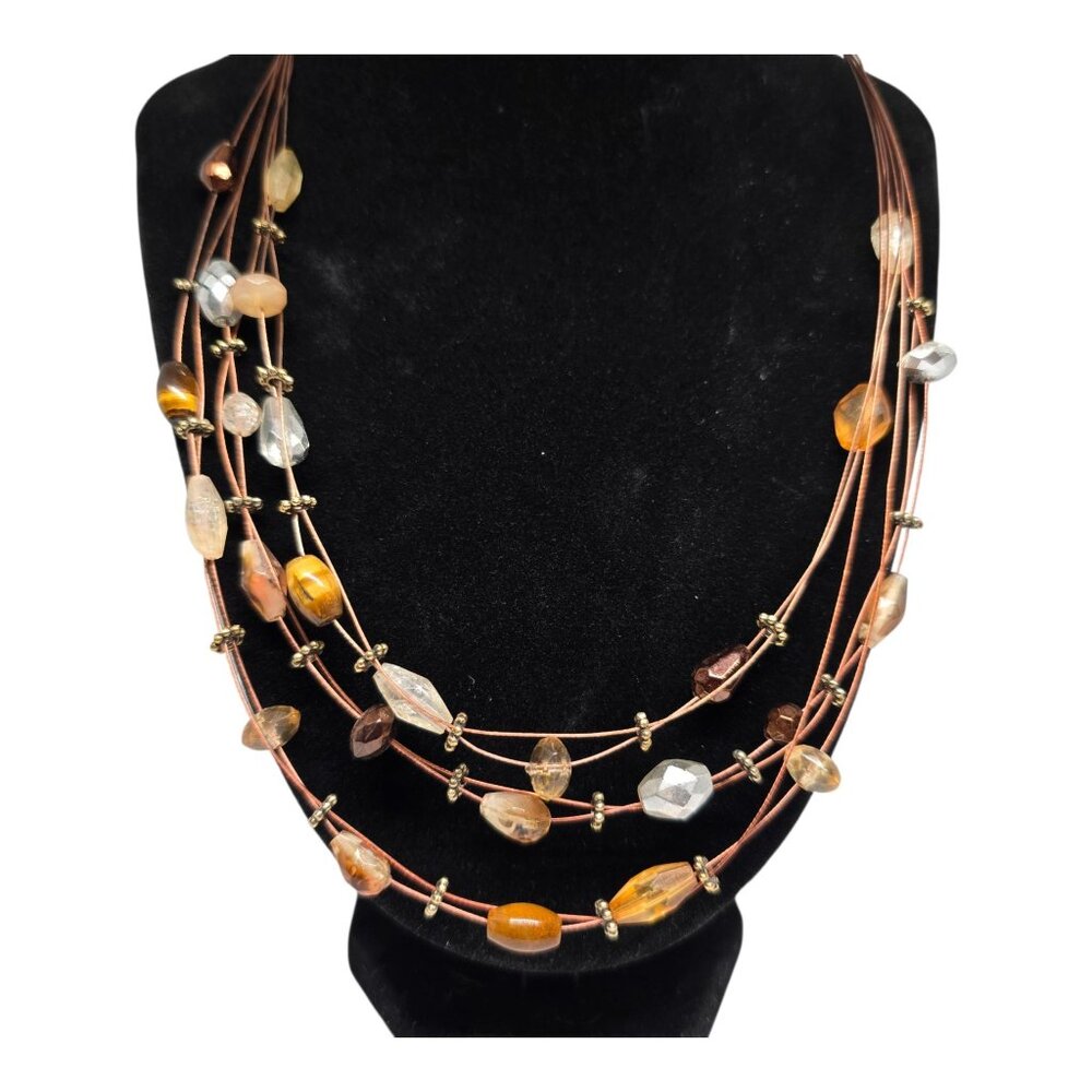 Boho Multi Strand Beaded Necklace Brown Cord Amber Gold Tone Stone Necklace - Picture 5 of 6